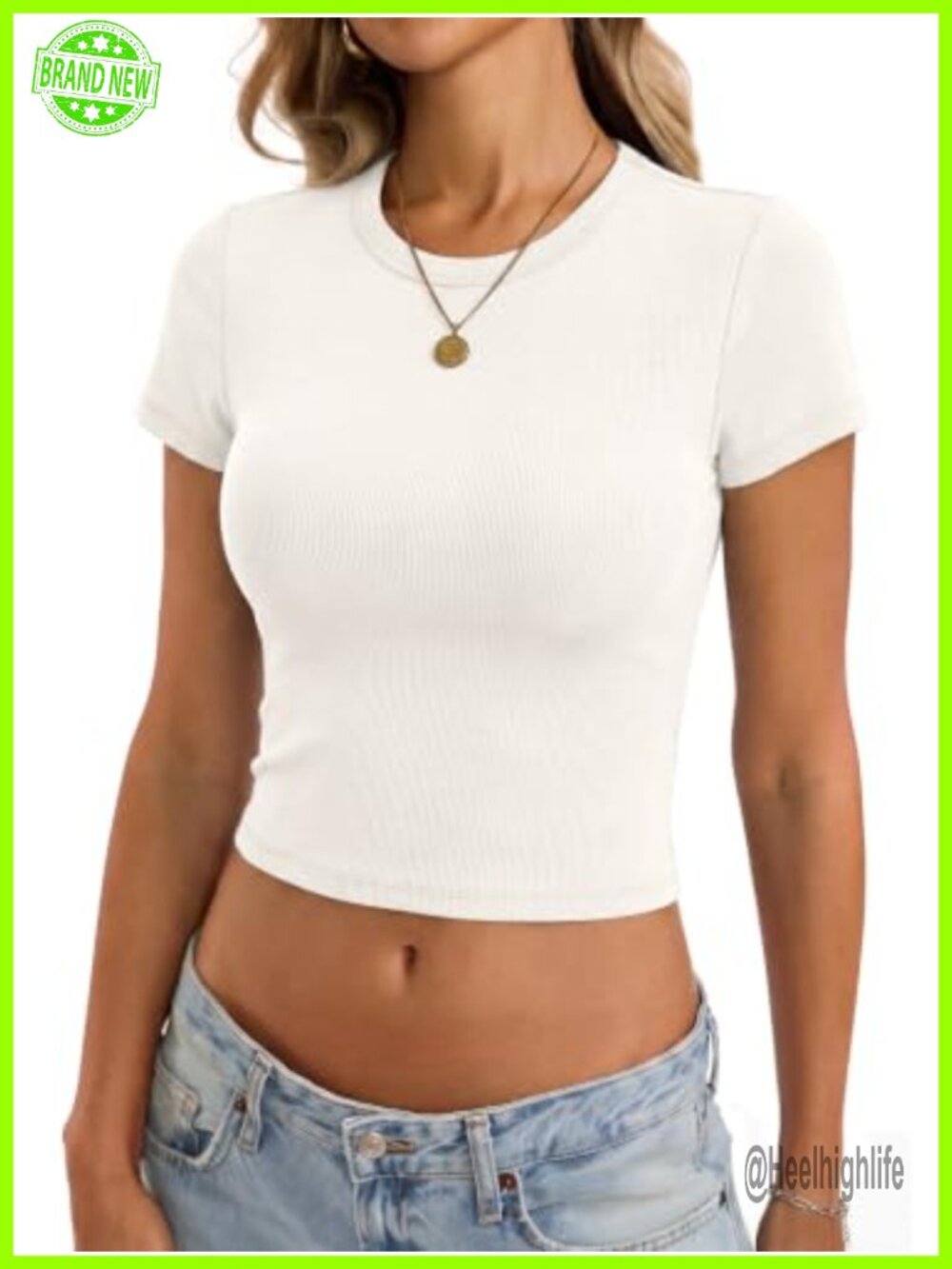 Womens Cotton Ribbed Short Sleeve Crew Neck Crop Top Fitted